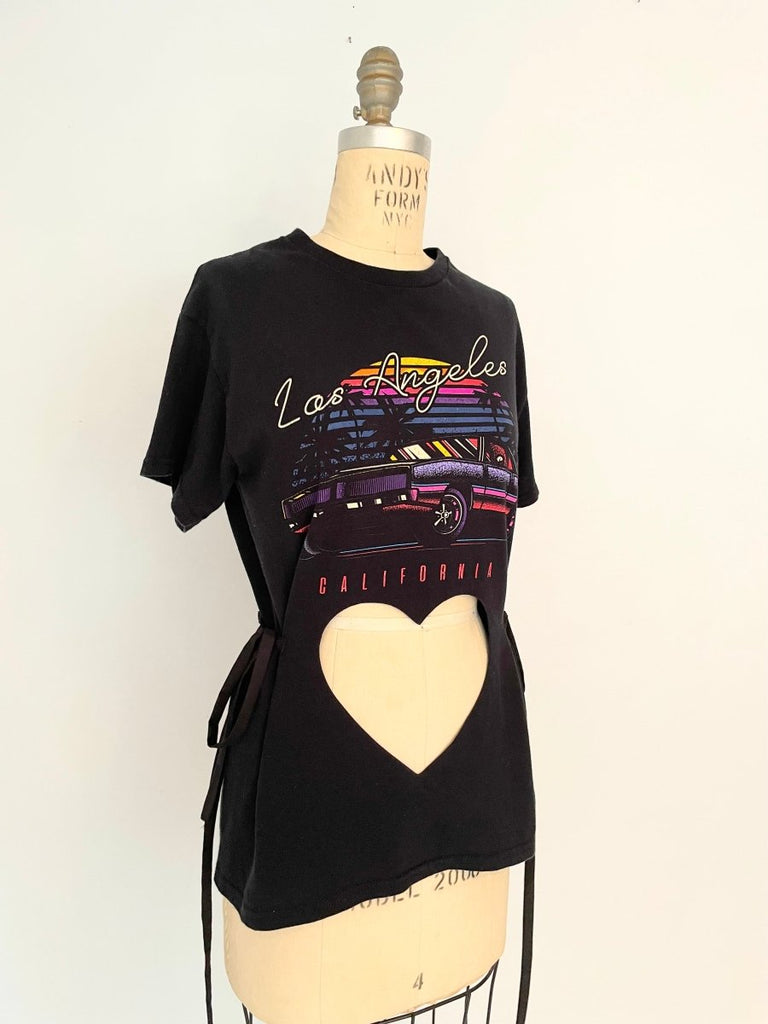 One-of-a-kind double heart cut-out T-shirt with Los Angeles print and tie details, shown on XS mannequin