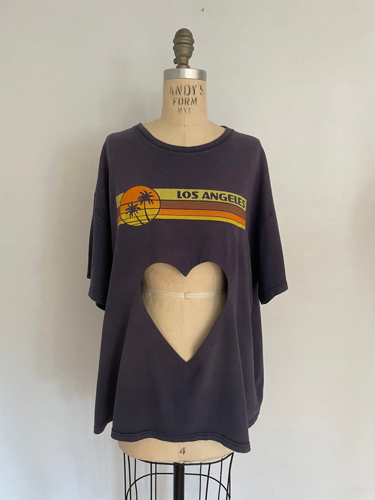 Front view of handmade one-of-a-kind faded blue belly heart cut-out tee with Los Angeles print