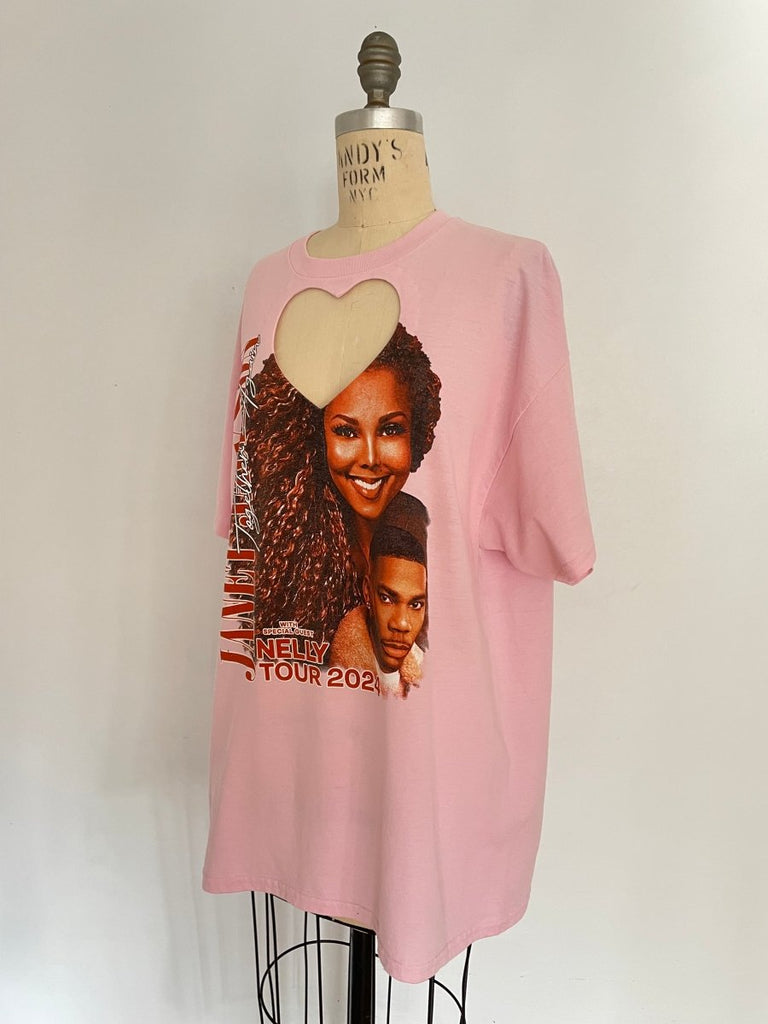 Handmade heart cut-out tee featuring a vintage Janet Jackson and Nelly tour graphic, upcycled by Sarah Aphrodite from a repurposed cotton/poly blend shirt