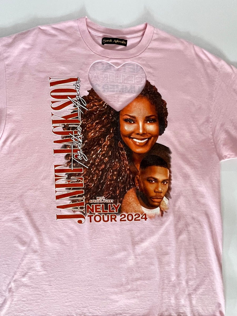 Handmade heart cut-out tee featuring a vintage Janet Jackson and Nelly tour graphic, upcycled by Sarah Aphrodite from a repurposed cotton/poly blend shirt