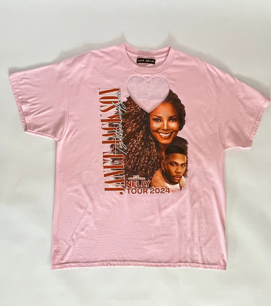 Handmade heart cut-out tee featuring a vintage Janet Jackson and Nelly tour graphic, upcycled by Sarah Aphrodite from a repurposed cotton/poly blend shirt