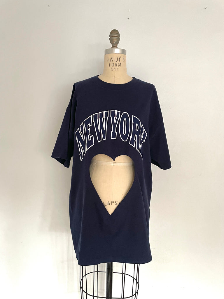 Front view of handmade one-of-a-kind belly heart cut-out tee with New York graphic