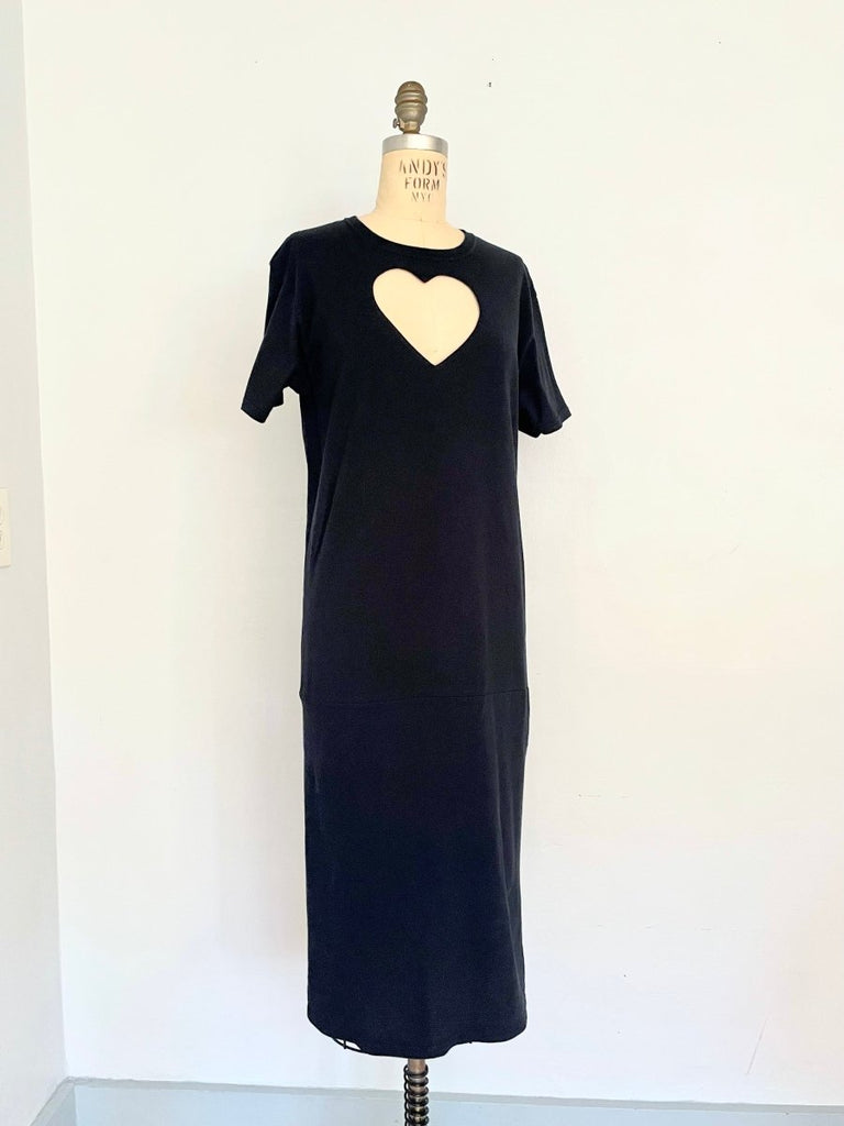 Knee-length Heart Cut-Out T-Shirt Dress by Sarah Aphrodite, made from salvaged T-shirts, shown at an angle on a mannequin ,one of a kind