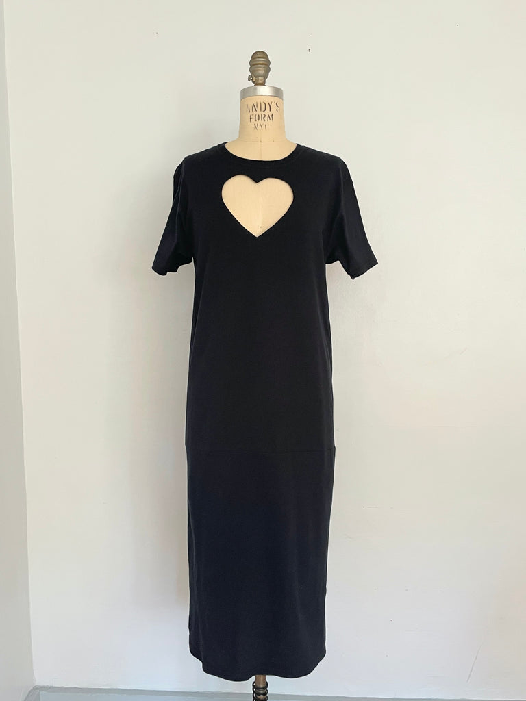 Knee-length Heart Cut-Out T-Shirt Dress shown on a mannequin by Sarah Aphrodite, made from salvaged T-shirts, one of a kind