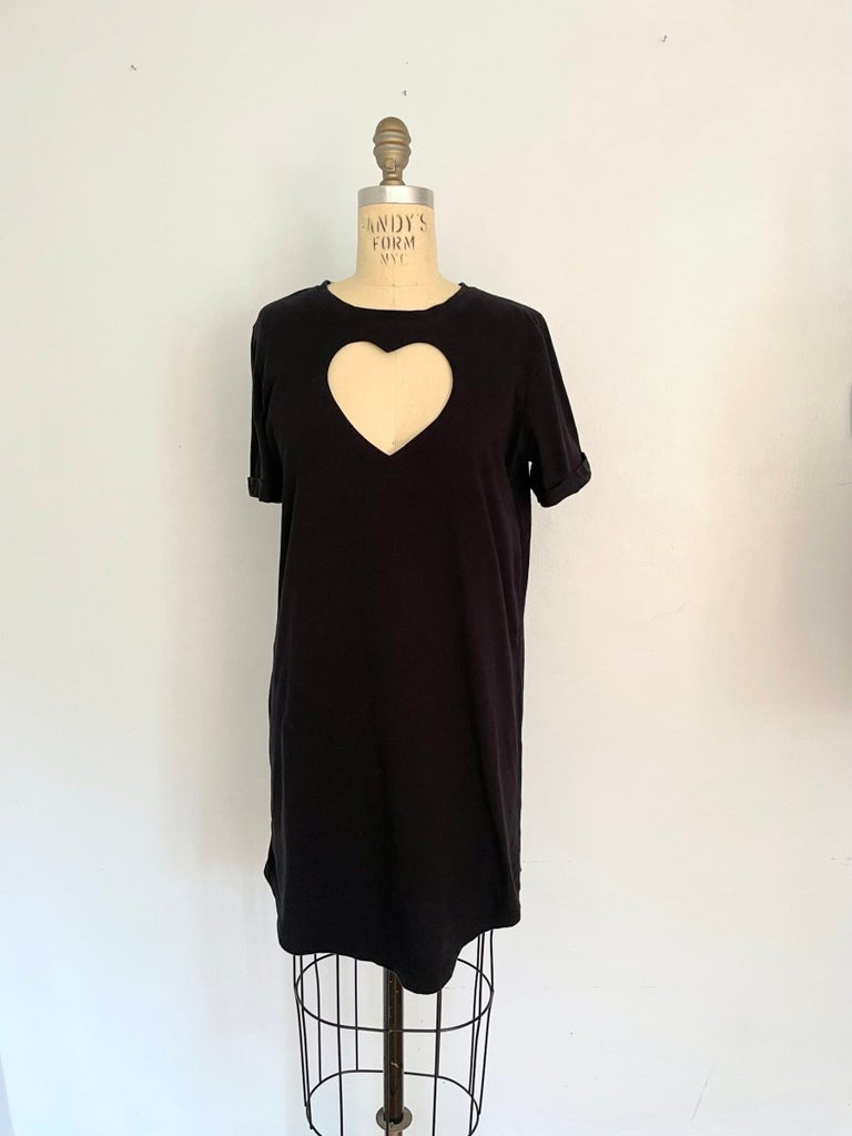 One-of-a-kind long heart cut-out T-shirt  worn as mini dress on XS mannequin.