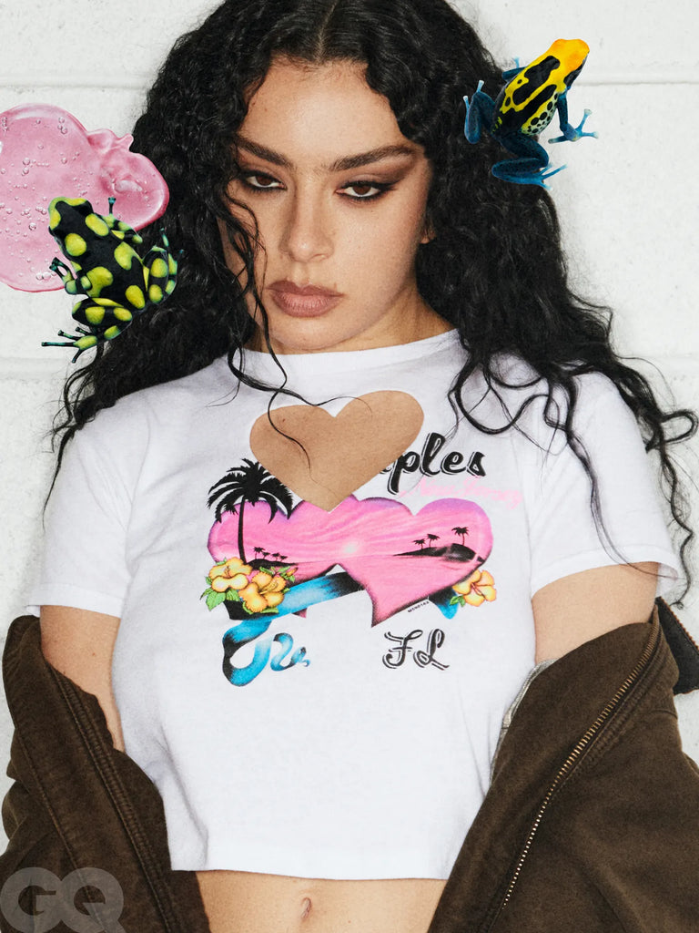 Vintage “Naples, FL” cotton t-shirt with handmade heart cut-out worn by Charlie XCX