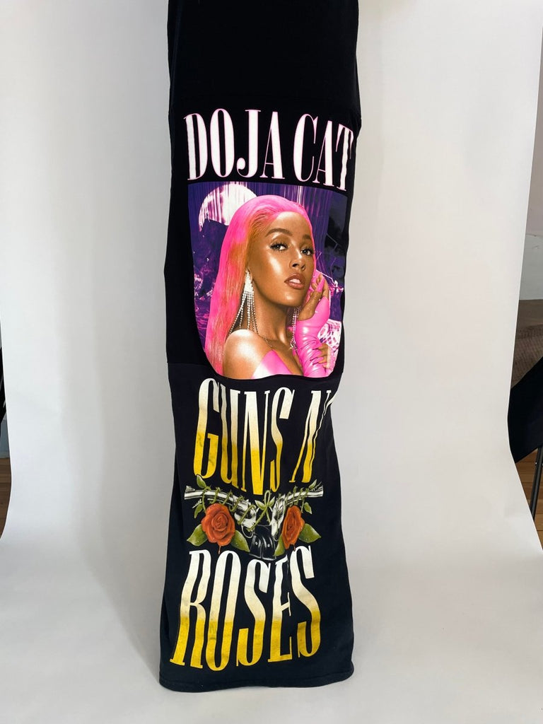 One-of-a-kind handmade floor-length T-shirt maxi dress made from recycled cotton tees, shown on XS mannequin, fits Medium