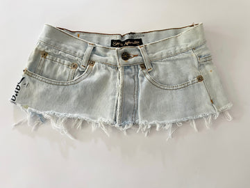 Recycled bleached denim belt with black silkscreen print, frayed edge, rustic hardware, and original label – size 28 waist