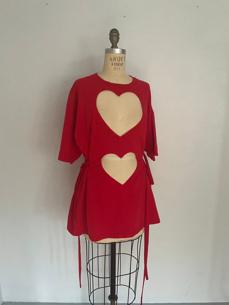 Front view of one-of-a-kind red double heart cut-out t-shirt with ties