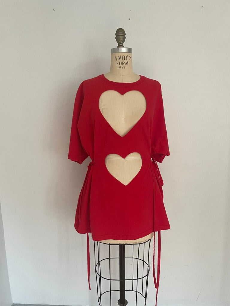Front view of one-of-a-kind red double heart cut-out t-shirt with ties