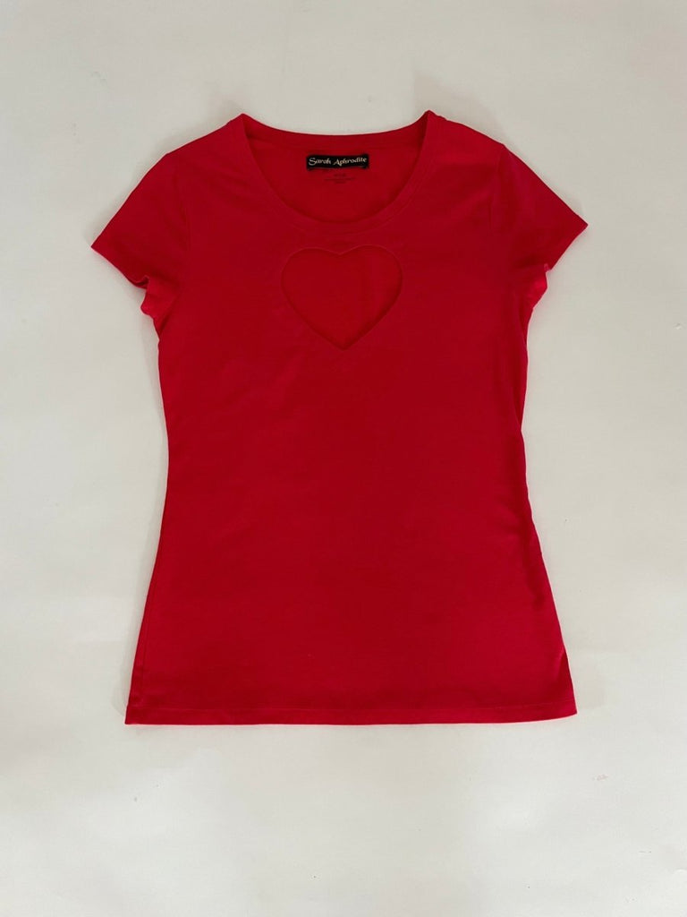 Red stretchy heart cut out t-shirt , with a crew neck design, displayed flat on the floor against a white background.