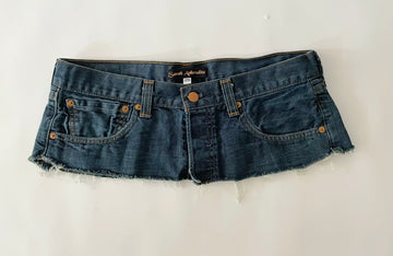 Front view of one-of-a-kind repurposed denim belt with button closure, size 29 waist
