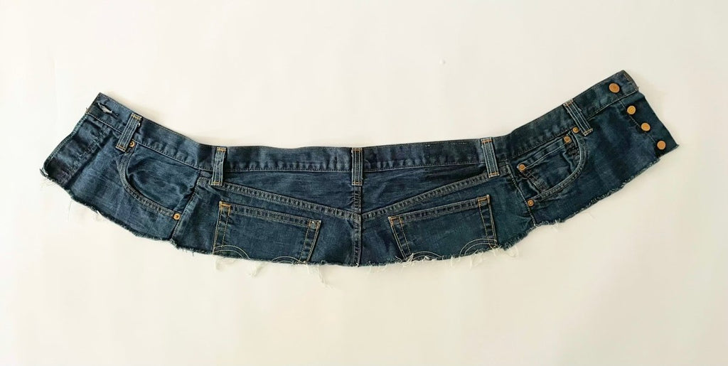 full view of one-of-a-kind repurposed denim belt with button closure, size 29 waist
