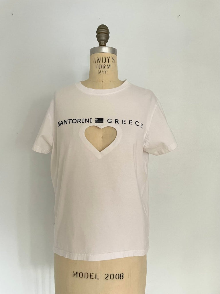 heart cut-out T-shirt with Santorini Greece embroidery – handmade one-of-a-kind top in size XS by Sarah Aphrodite