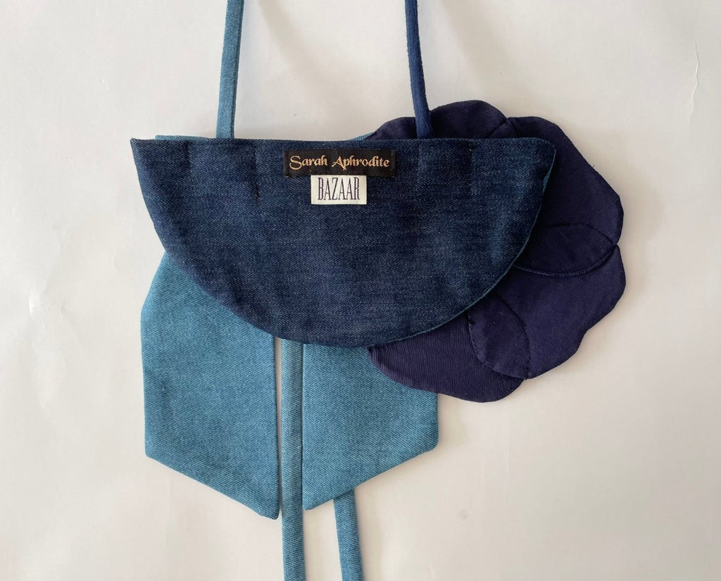 One of a kind handmade denim handbag with flower and bow made from recycled scraps
