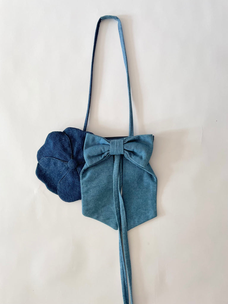 One of a kind handmade denim handbag with flower and bow made from recycled scraps