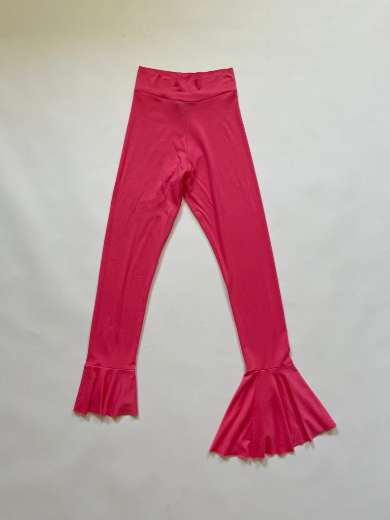 One of a kind pink cotton ruffle leggings by Sarah Aphrodite, featuring asymmetrical leg ruffles — archival design piece not intended for traditional wear