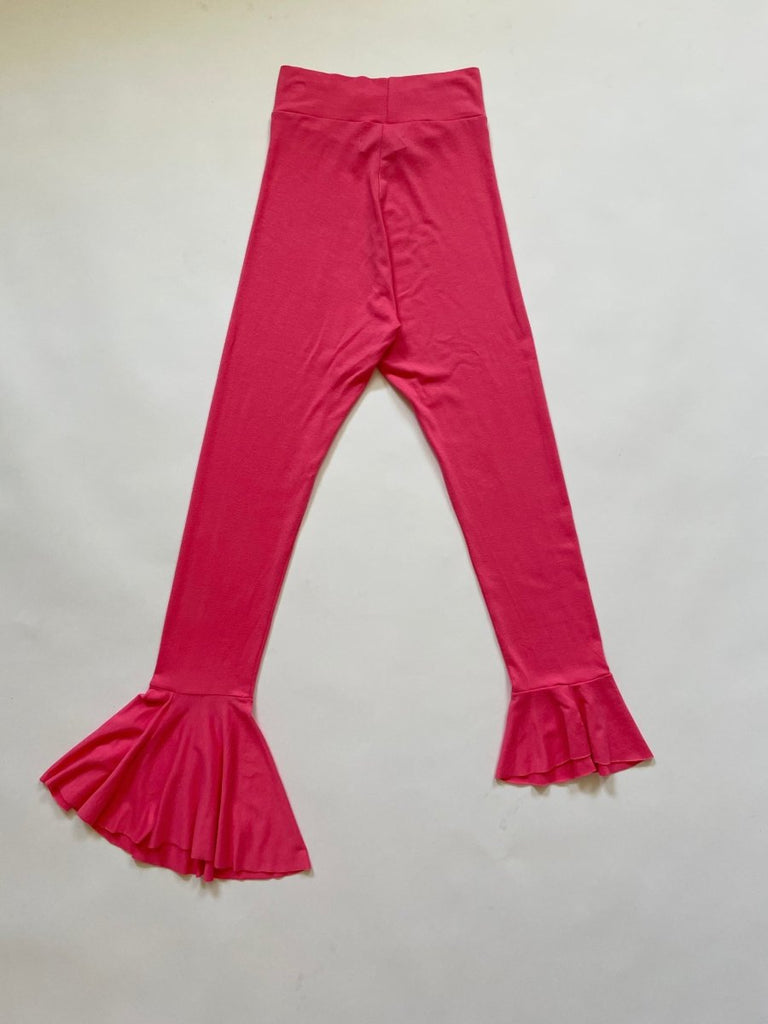 One of a kind pink cotton ruffle leggings by Sarah Aphrodite, featuring asymmetrical leg ruffles — archival design piece not intended for traditional wear