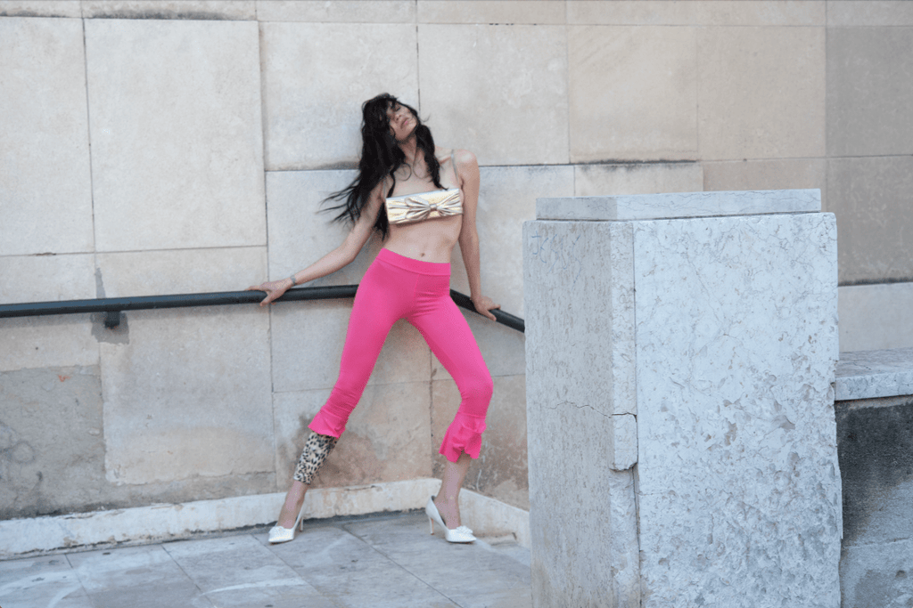 One of a kind pink cotton jersey ruffle leggings by Sarah Aphrodite, featuring asymmetrical leg ruffles — archival design piece 