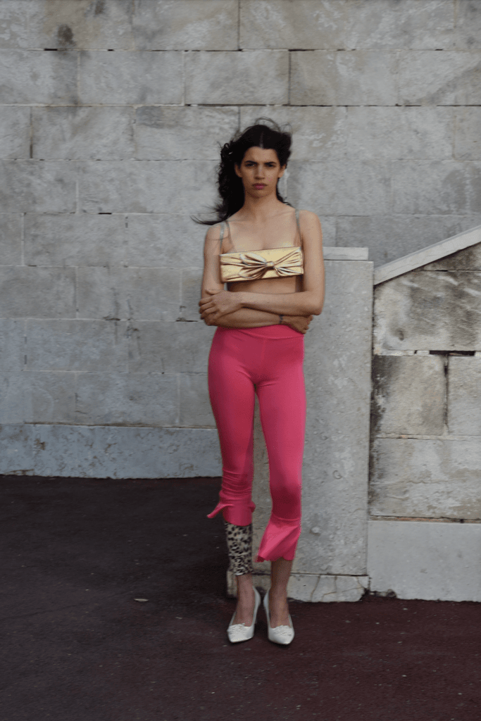 One of a kind pink cotton jersey ruffle leggings by Sarah Aphrodite, featuring asymmetrical leg ruffles — archival design piece 