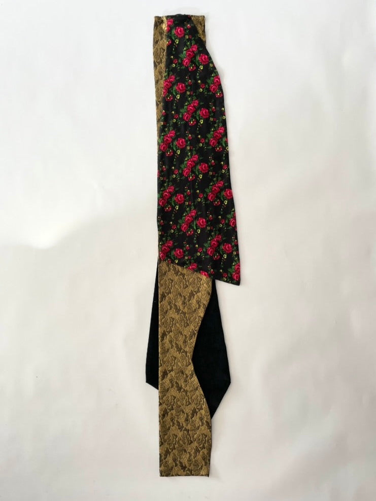 One-of-a-kind layered hair clip made from floral print, gold textile, and black velvet — Sarah Aphrodite