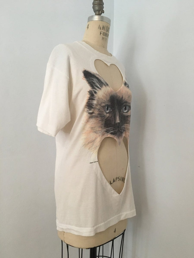 Handmade double heart cut-out t-shirt with kitten print by Sarah Aphrodite, made from repurposed cotton. Soft, one-of-a-kind, features unique markings and fits XS–M.
