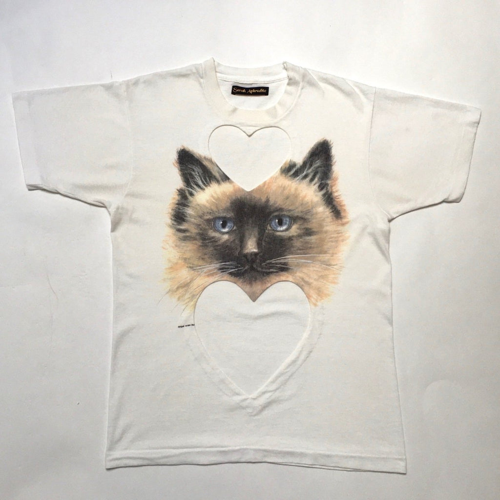 Handmade double heart cut-out t-shirt with kitten print by Sarah Aphrodite, made from repurposed cotton. Soft, one-of-a-kind, features unique markings and fits XS–M.