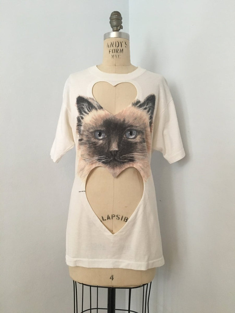 Handmade double heart cut-out t-shirt with kitten print by Sarah Aphrodite, made from repurposed cotton. One-of-a-kind, features unique markings and fits XS–M.