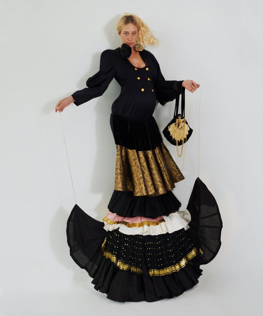 One-of-a-kind handmade “FAN” bag by Sarah Aphrodite. Cotton velvet exterior, silk-cotton lining, gold fan details, velvet-chain handles. Measures 19"x11".