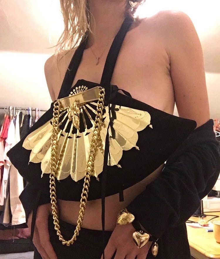 One-of-a-kind handmade “FAN” bag by Sarah Aphrodite. Cotton velvet exterior, silk-cotton lining, gold fan details, velvet-chain handles. Measures 19"x11".