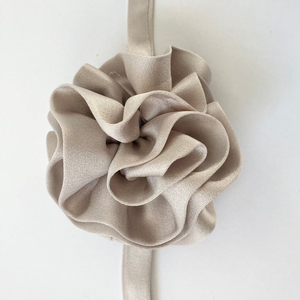 One-of-a-kind silky periwinkle flower accessory by Sarah Aphrodite, hand-sewn from upcycled fabric scraps. Versatile design with  ties, worn as bracelet, anklet, neck, or arm accessory.