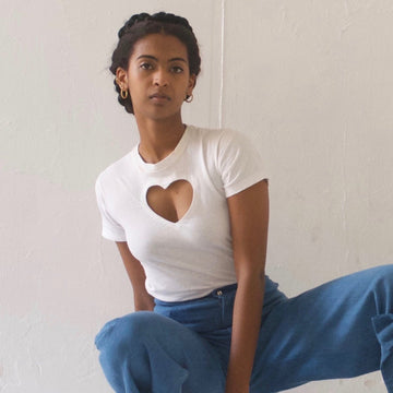White handmade upcycled heart cut out T-shirt by Sarah Aphrodite