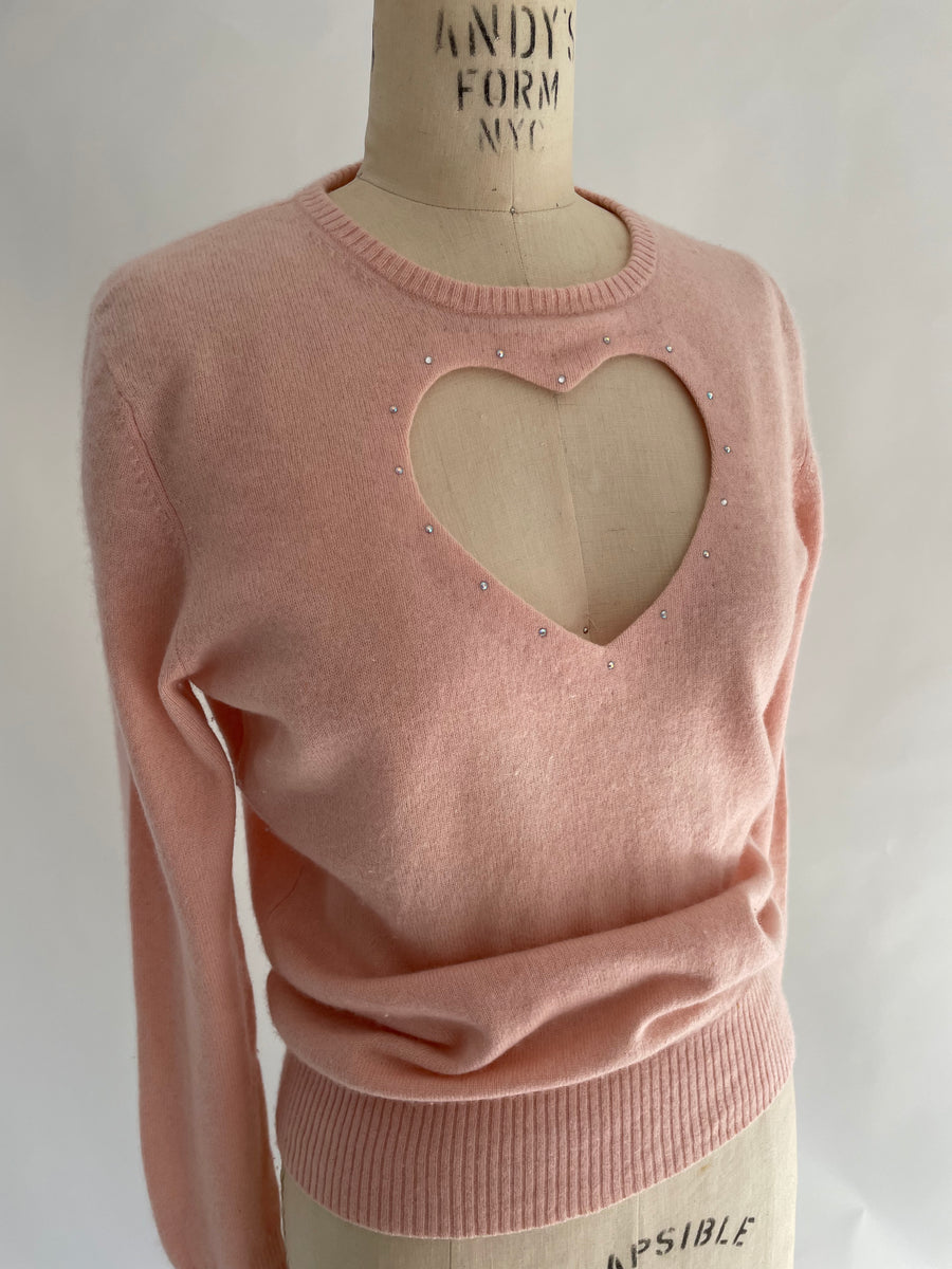 Cashmere heart cut out sweater w/ rhinestones