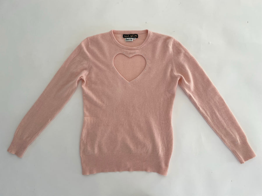 Cashmere heart cut out sweater w/ rhinestones