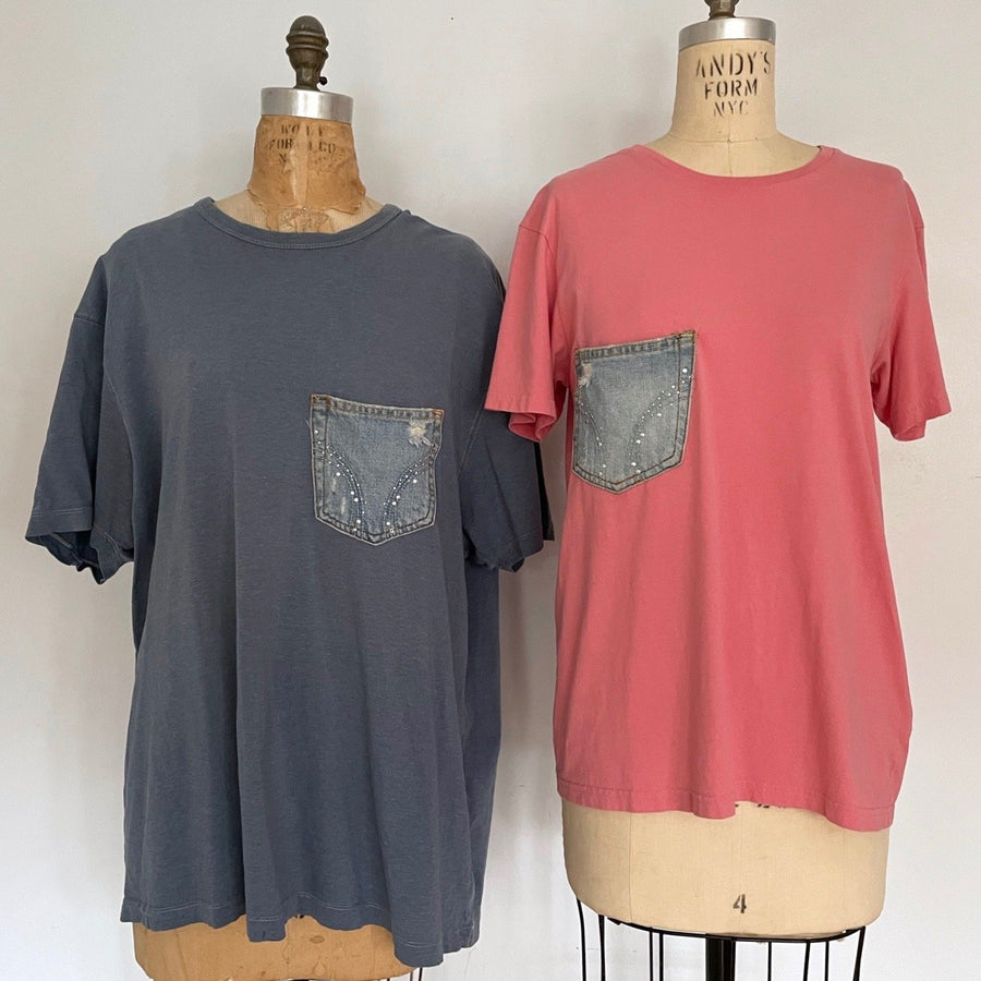 DENIM RHINESTONE POCKET TEE