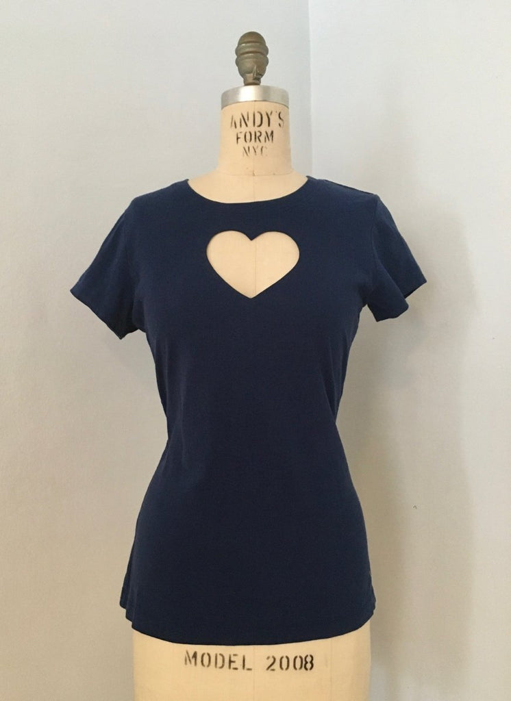 One-of-a-kind handmade navy single heart cut-out t-shirt by Sarah Aphrodite. Repurposed cotton/polyester blend, fits XS/S, unique and sustainable design.