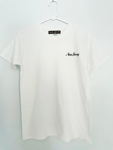 Handmade New Jersey screen-printed t-shirt by Sarah Aphrodite, made from salvaged white cotton. Features unique markings and shadings from upcycled fabric, soft and comfortable.
