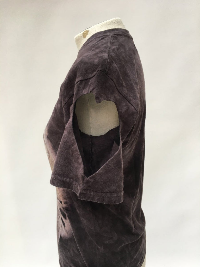 One-of-a-kind vintage Jaguar print tee by Sarah Aphrodite, handmade from 100% repurposed cotton. Features heart cut-outs on the arms, XS–S fit, and unique markings from upcycled fabric.