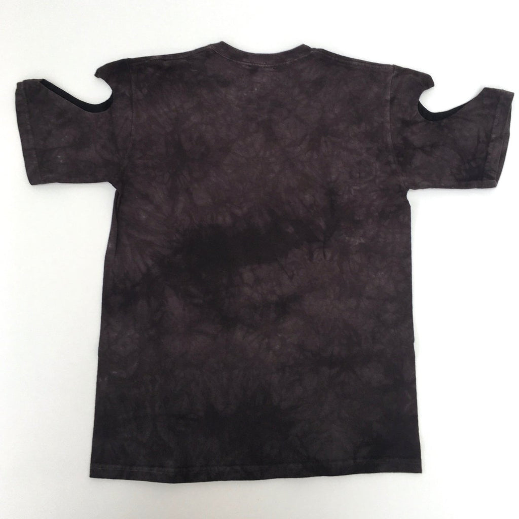 One-of-a-kind vintage Jaguar print tee by Sarah Aphrodite, handmade from 100% repurposed cotton. Features heart cut-outs on the arms, XS–S fit, and unique markings from upcycled fabric.