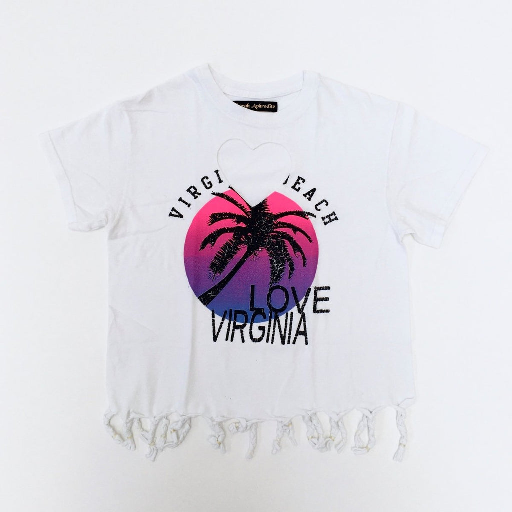 One-of-a-kind handmade ‘VIRGINIA BEACH’ cropped tee by Sarah Aphrodite, featuring a heart cut-out, fringe detailing, and crafted from vintage cotton. XS–S fit, unique markings from upcycled fabric.