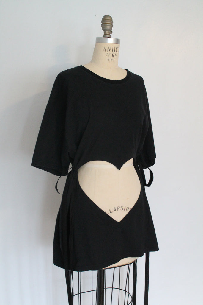 Black double heart cut-out T-shirt with cotton ties by Sarah Aphrodite, one-of-a-kind piece shown on XS mannequin