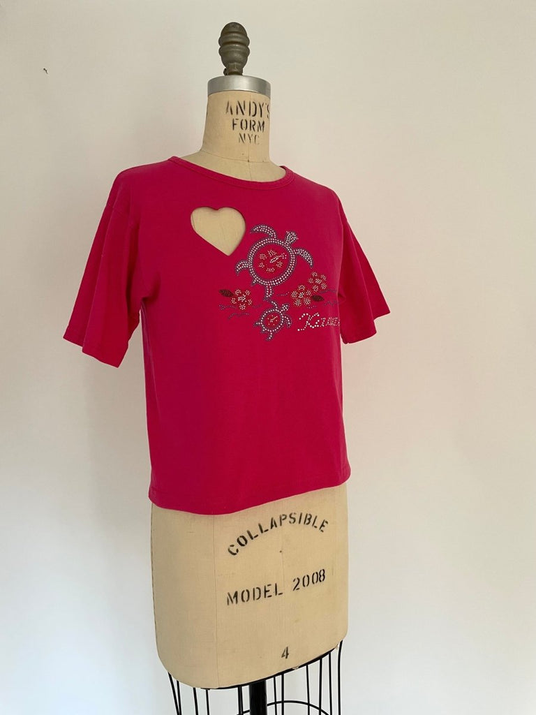 One-of-a-kind heart cut-out t-shirt with rhinestone “Kauai” print, handmade from a salvaged cotton shirt, displayed on an XS mannequin