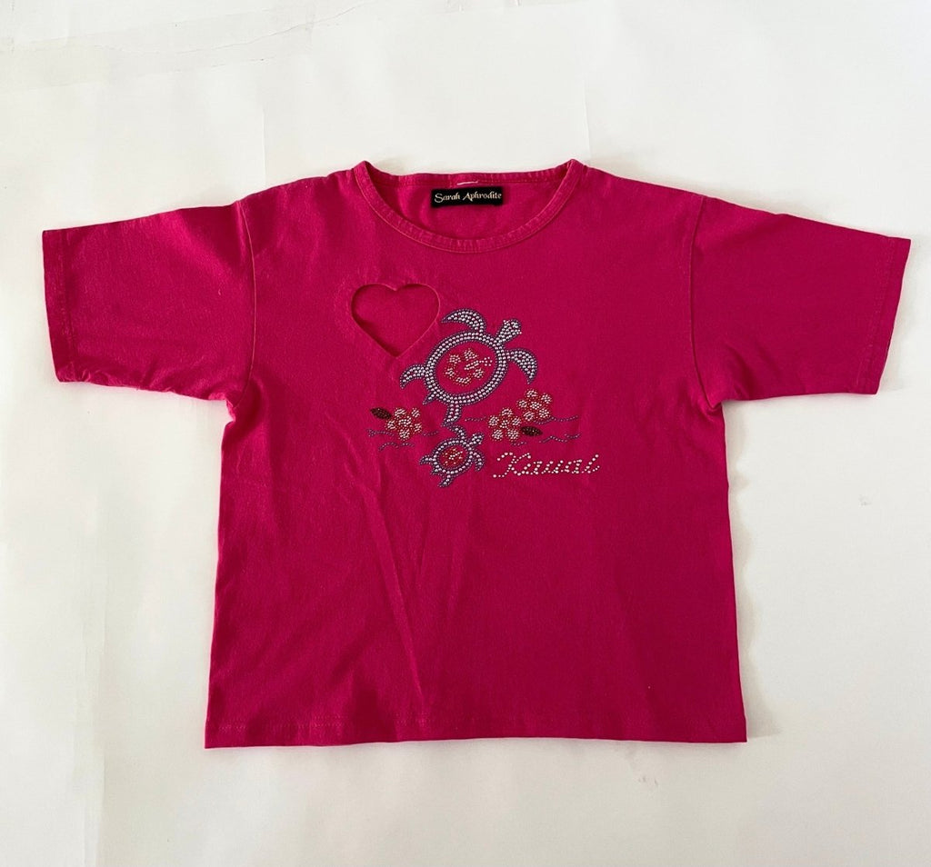 One-of-a-kind heart cut-out t-shirt with rhinestone “Kauai” print, handmade from a salvaged cotton shirt, displayed flat on a white background